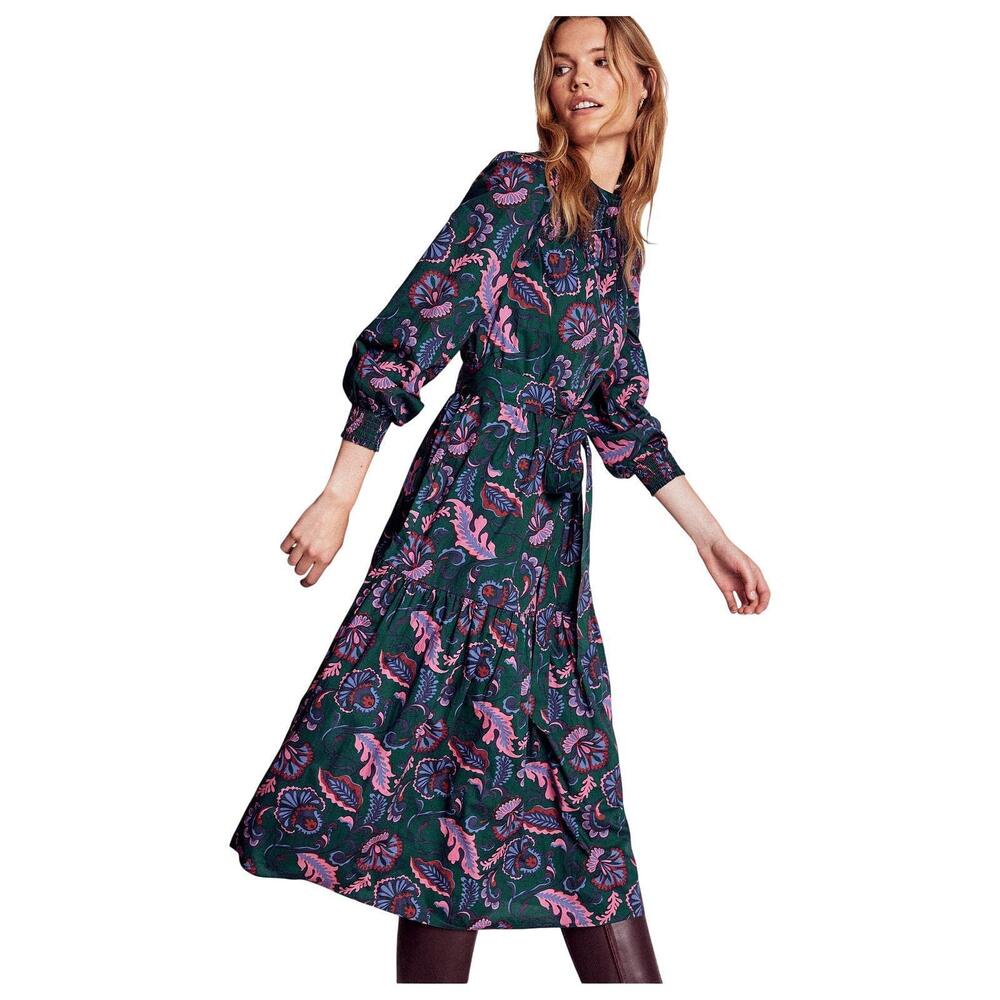 Boden Cecily Dress 10R Green Floral Long Sleeve Smocked Tiered Cotton Midi